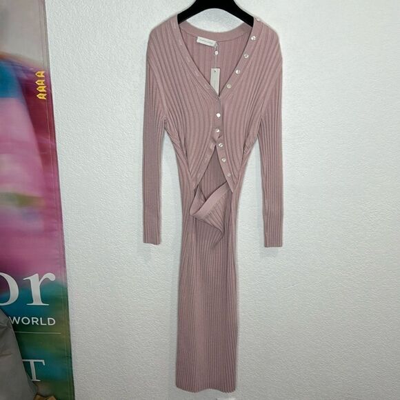 NWT Jonathan Simkhai Kim Womens Ribbed Knit Cut-Out Sweaterdress Dusty Rose XL - Picture 3 of 16